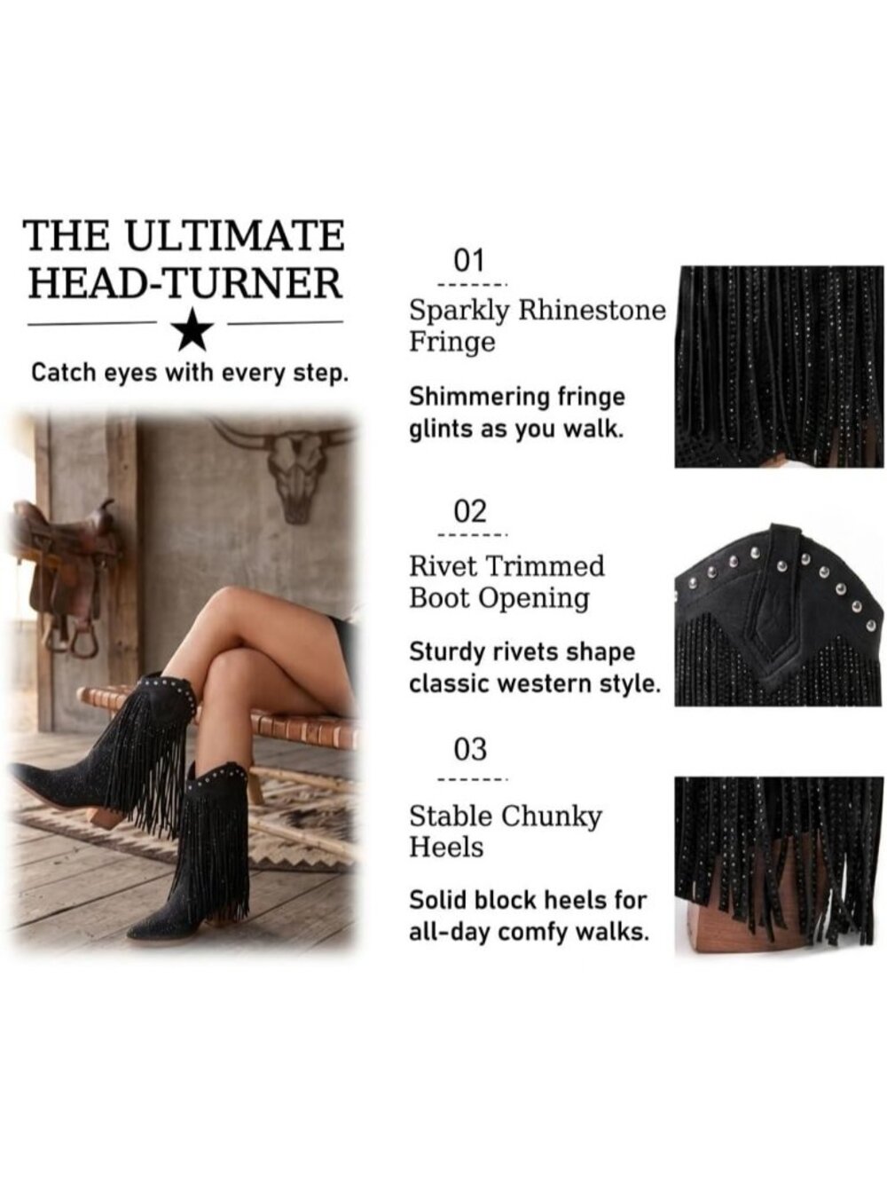 Women's Black Rhinestone Sparkly Pointed Toe Fringe Chunky Heel Cowgirl Boots - Picture 4 of 6